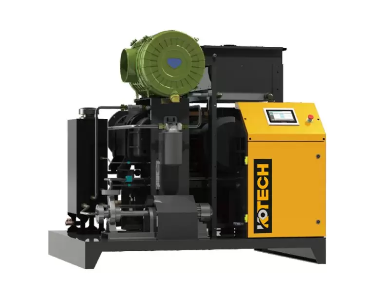 Portable diesel air compressor powering pneumatic tools at a busy construction site