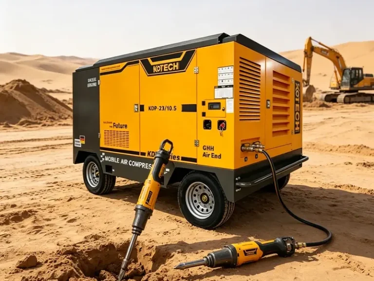 Diesel air compressor powering pneumatic tools at a remote industrial construction site