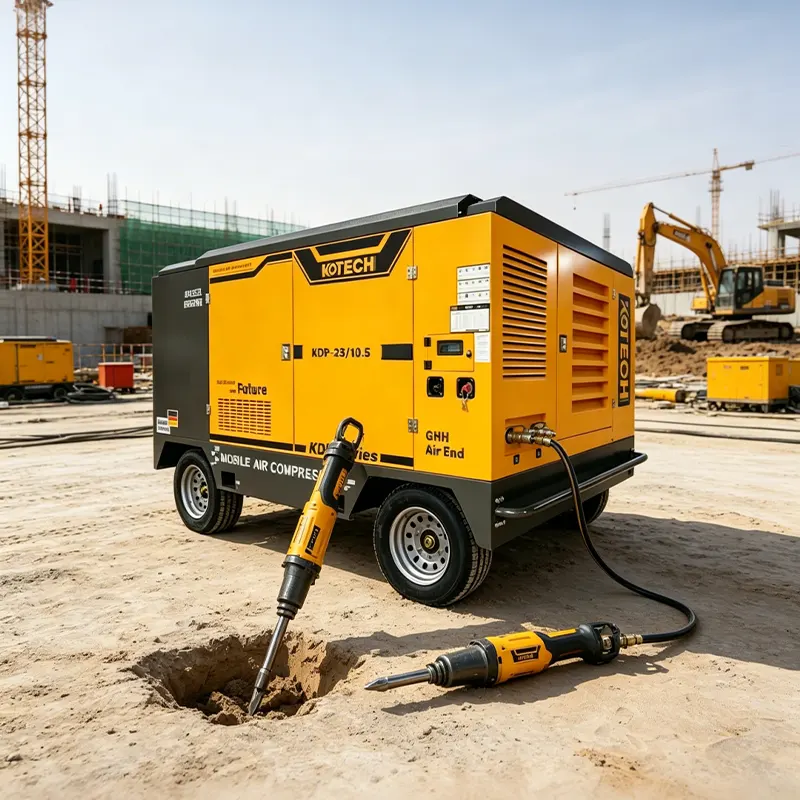 Diesel air compressor powering a jack hammer at a construction demolition site