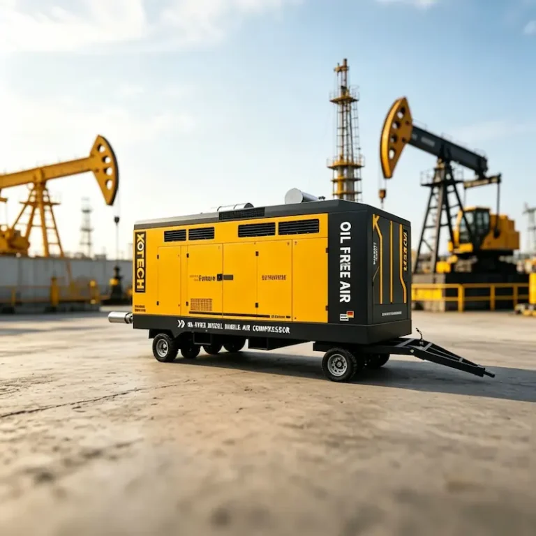 100 CFM diesel air compressor being installed at a construction site with proper site prep
