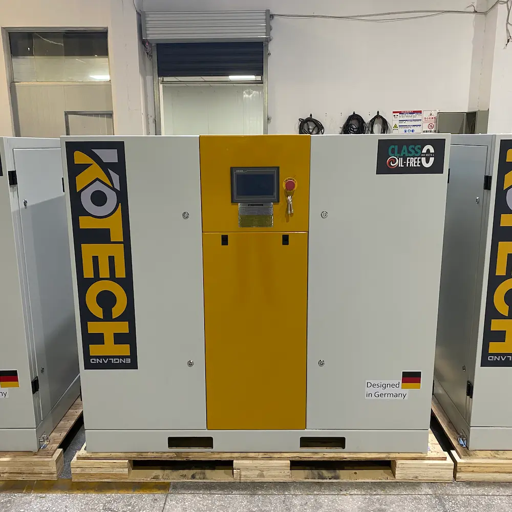 Kotech rotary screw compressor installed at a Czech dairy farm milking parlor with pneumatic valves and CIP cleaning system